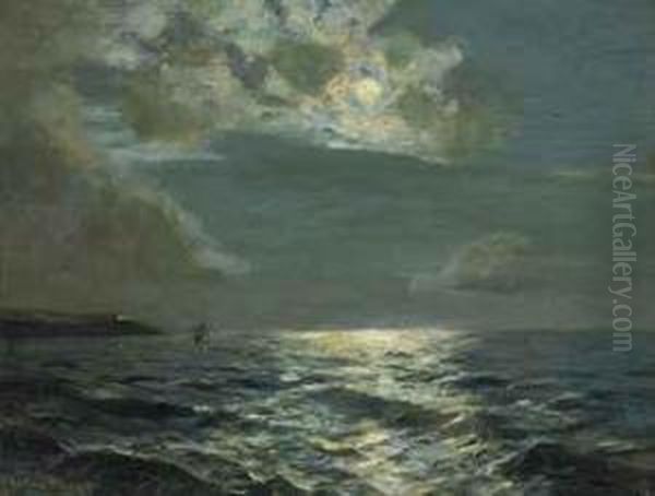 Clouded Moon Off Falmouth Oil Painting by Julius Olsson