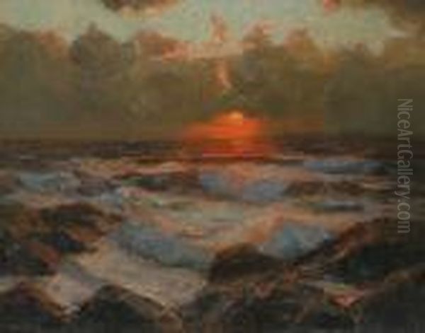 Sunset On The Ocean Oil Oncanvas
 Signed 'julius Olsson' Lower Left 60 X 75 Cm Provenance:private 
Collection Melbourne Oil Painting by Julius Olsson