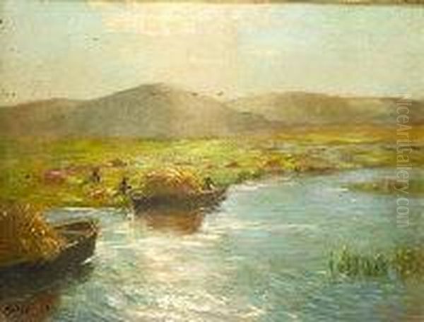 Loading Hay Barges On The River Oil Painting by Julius Olsson