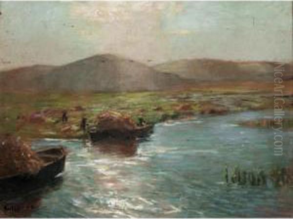 Hay Barges On The River Oil Painting by Julius Olsson