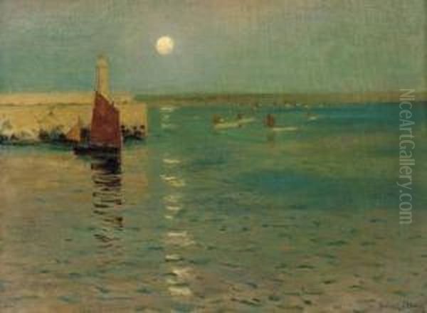 A Moonlit Harbour Oil Painting by Julius Olsson