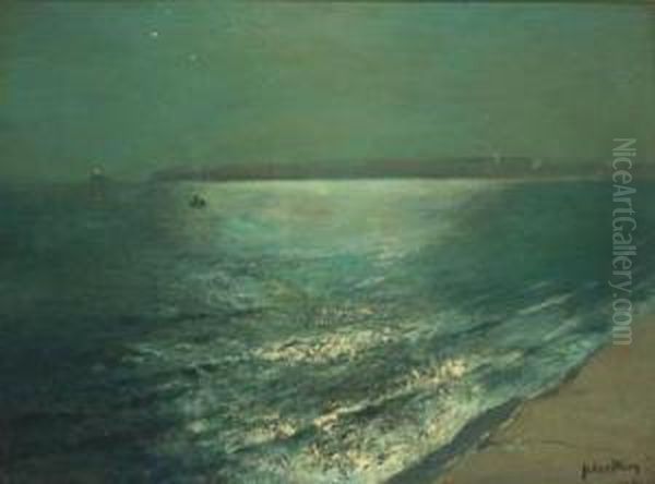 A Moonlit Coastal Seascape Oil Painting by Julius Olsson