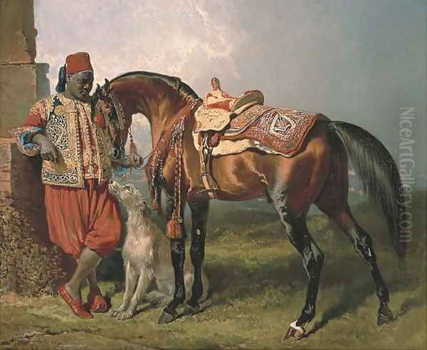 An African groom holding a stallion, with a dog Oil Painting by Alfred Dedreux