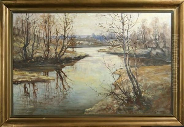 Varlandskap, Signerad Nils Olzon Oil Painting by Nils Olzon