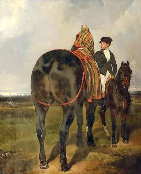 A horse held by a mounted groom, in a landscape Oil Painting by Alfred Dedreux