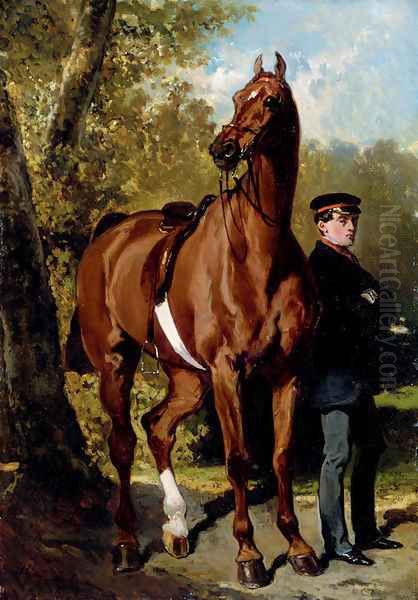 A Soldier with a Horse in a Landscape Oil Painting by Alfred Dedreux