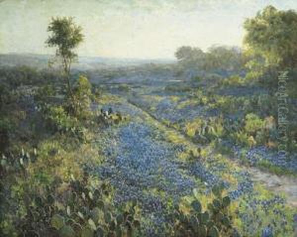 Field Of Texas Bluebonnets And Prickly Pear Cacti Oil Painting by Julian Onderdonk