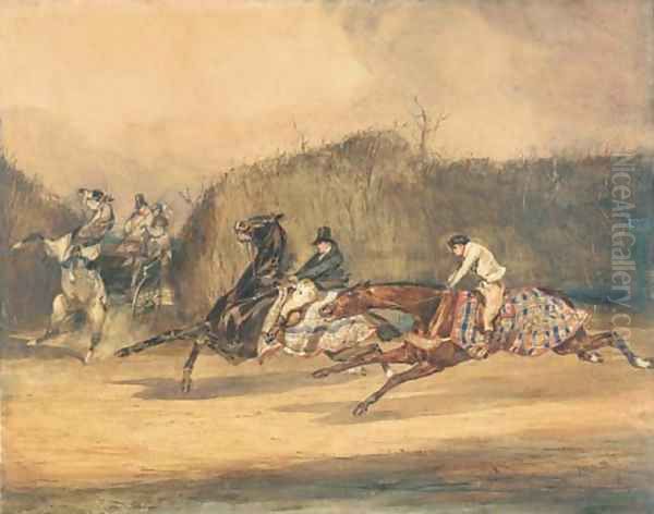 La rencontre evitee Galloping horsemen avoiding a horse and cart Oil Painting by Alfred Dedreux