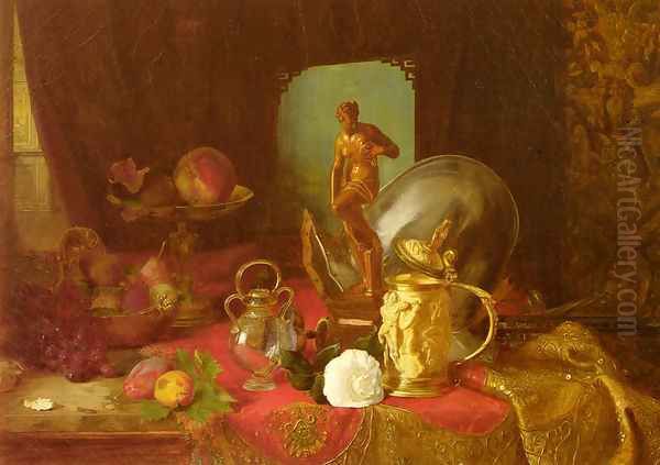 A Still Life with Fruit, Objets d'Art and a White Rose on a Table Oil Painting by Blaise Alexandre Desgoffe