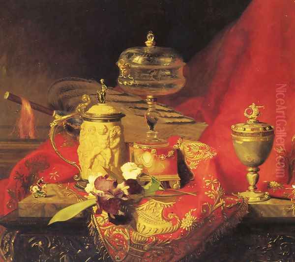 A Still Life With Iris And Urns On A Red Tapestry Oil Painting by Blaise Alexandre Desgoffe