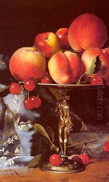 A Still Life with Peaches, Plums and Cherries Oil Painting by Blaise Alexandre Desgoffe