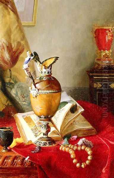 A Still Life With Urns And Illuminated Manuscript On A Draped Table Oil Painting by Blaise Alexandre Desgoffe