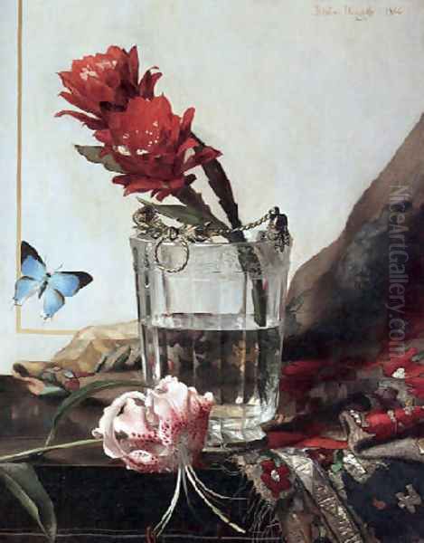 A still life with a flowering cactus in an etched crystal cooler and a butterfly against a gold-trim Oil Painting by Blaise Alexandre Desgoffe