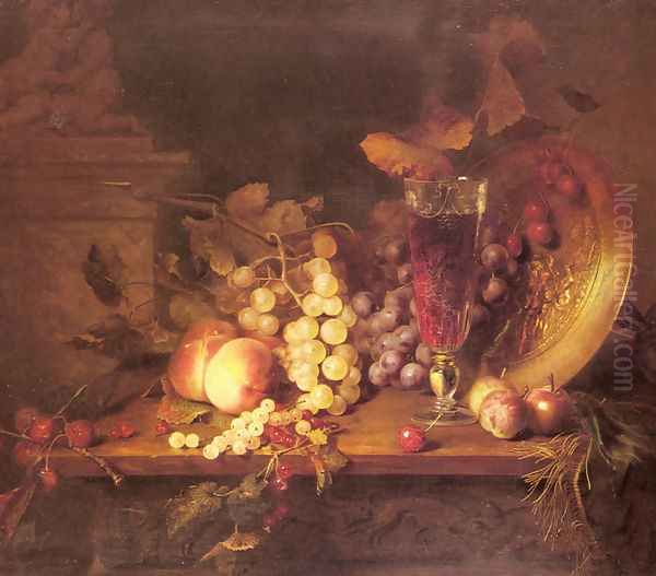 Still Life with Fruit, a Glass of Wine and a Bronze Vessel on a Ledge Oil Painting by Blaise Alexandre Desgoffe