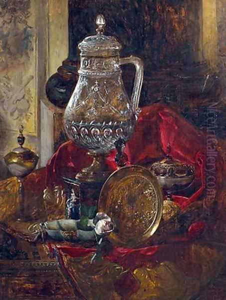 A still life with a crystal tankard and other precious objects arranged on a draped cloth Oil Painting by Blaise Alexandre Desgoffe