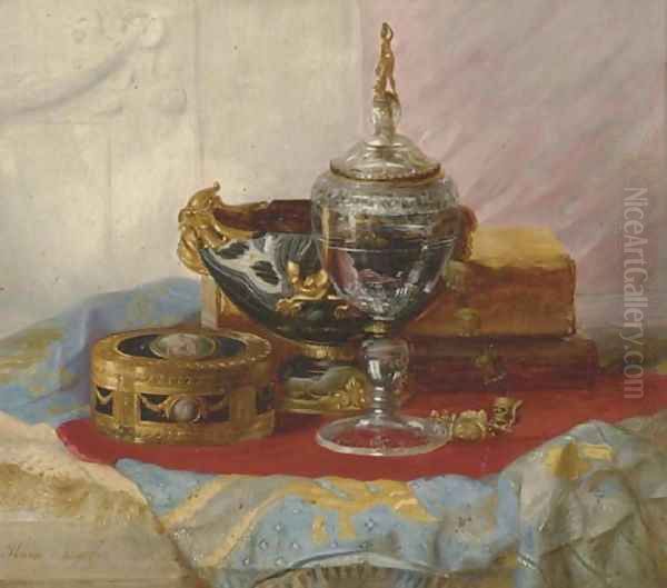 A Still Life with a Lady's Gold Box, a crystal Chalice and other Objects on a draped marble Table Oil Painting by Blaise Alexandre Desgoffe