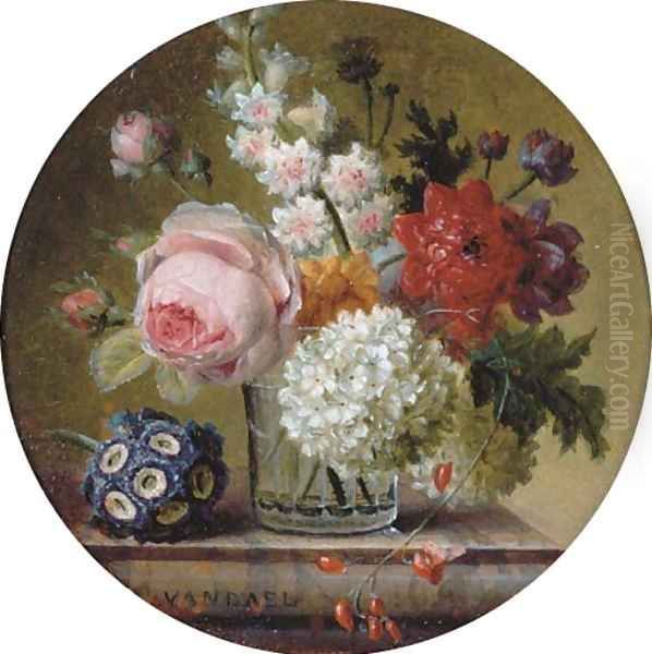 Cabbage rose, marigold, hyacinth, poppy anemones, opium poppy, snowball and scarlet runner bean in a glass beaker on a marble ledge Oil Painting by Jan Frans Van Dael