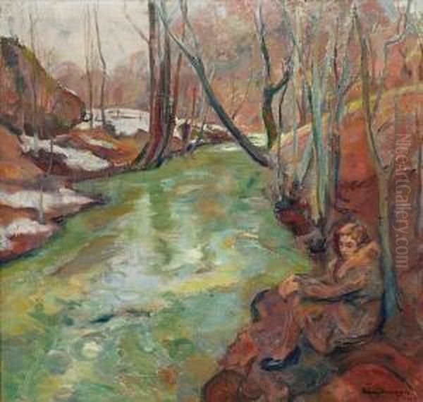 Varbilde Med Ung Pike 1930 Oil Painting by Soren Onsager