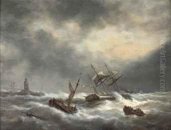 A Shipwreck Oil Painting by George Willem Opdenhoff