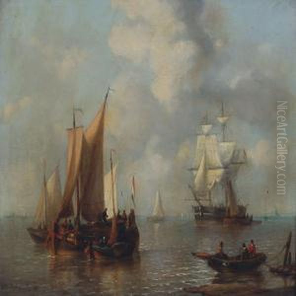 Seascape With Boats Off The Dutch Coast Oil Painting by George Willem Opdenhoff