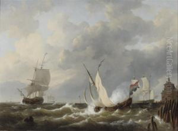 Sailing On Choppy Waters Off The Dutch Coast Oil Painting by George Willem Opdenhoff