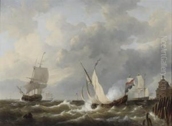 Sailing On Choppy Waters Off The Dutch Coast Oil Painting by George Willem Opdenhoff