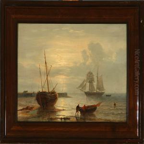 Coastal Scene At Low Tide Oil Painting by George Willem Opdenhoff