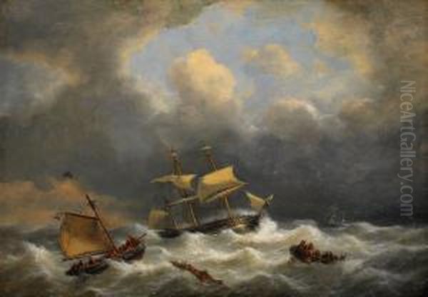 Stormigt Hav Med Segelbatar Oil Painting by George Willem Opdenhoff