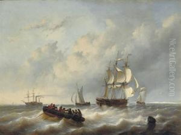 A Three-master And A Paddlesteamer On A Choppy Sea Oil Painting by George Willem Opdenhoff