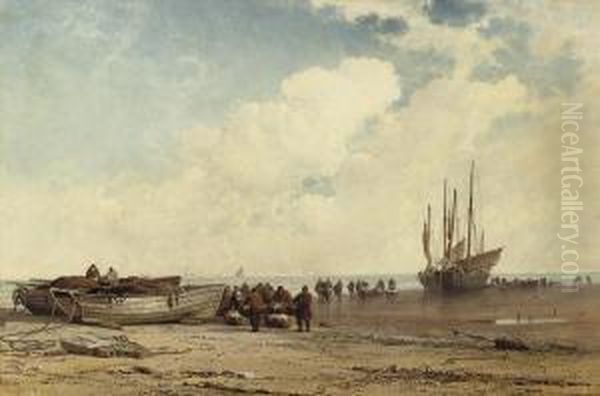 Fishing Vessels On The Beach Oil Painting by George Willem Opdenhoff