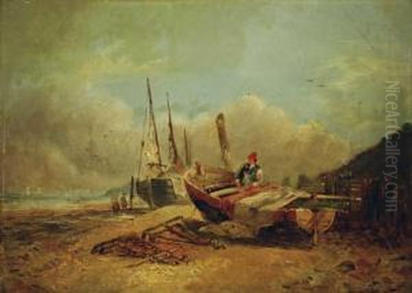 Strand Mit Fischerboot. Oil Painting by George Willem Opdenhoff