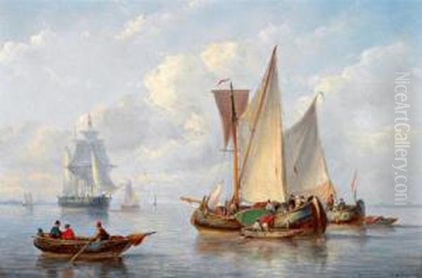 Fischkutter Und Ein Ruderboot In Kustennahe Oil Painting by George Willem Opdenhoff