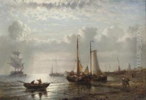 Fishing Vessels Moored By A Coast Oil Painting by George Willem Opdenhoff