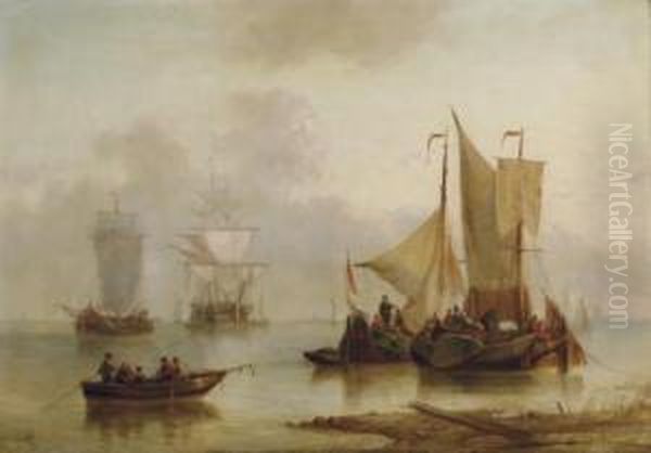 Sailing Off The Dutch Coast; And A Companion Painting Oil Painting by George Willem Opdenhoff