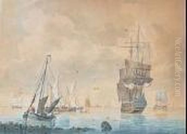 Vaisseaux De Guerre Au Mouillage Oil Painting by George Willem Opdenhoff