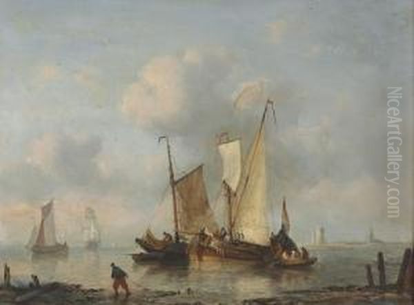 Segelschiffe An Der Niederlandischen Kuste. Oil Painting by George Willem Opdenhoff