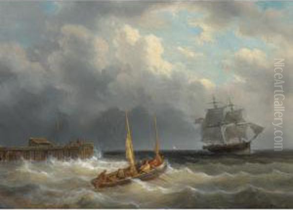 Sailing Off The Dutch Coast Oil Painting by George Willem Opdenhoff