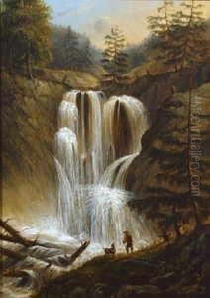 Gebirgslandschaft Mit Einem
 Ziegenhirten Vor Einem Wasserfall. Oil Painting by George Willem Opdenhoff