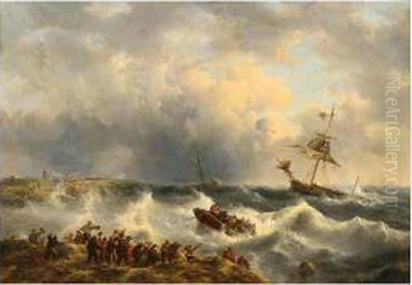 A Vessel At A Rough Sea Flanked By A Lifeboat Watched By Figures Standing At The Shore Oil Painting by George Willem Opdenhoff