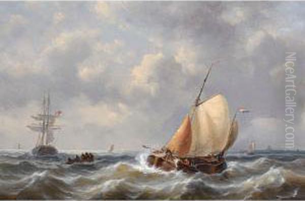 Shipping In Choppy Seas Oil Painting by George Willem Opdenhoff