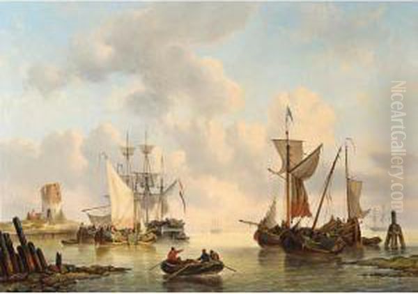 Sailing Vessels In A Calm Oil Painting by George Willem Opdenhoff