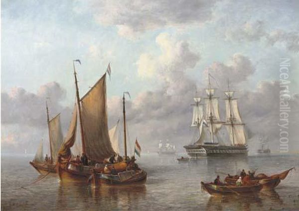 Shipping On A Calm Sea Oil Painting by George Willem Opdenhoff