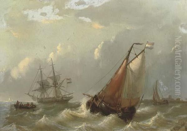 Dutch Vessels On Choppy Waters By A Coast Oil Painting by George Willem Opdenhoff