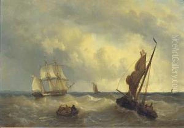 A Three-master And Other Vessels On Choppy Water Oil Painting by George Willem Opdenhoff