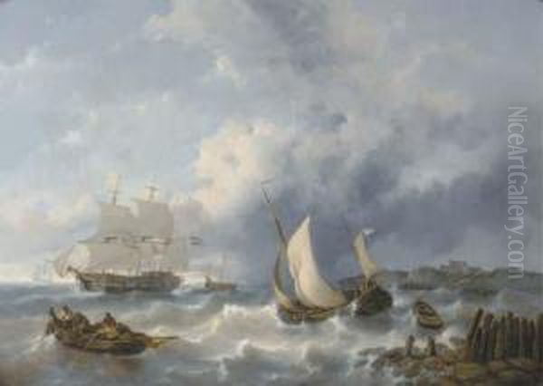 Shipping On Choppy Waters Oil Painting by George Willem Opdenhoff