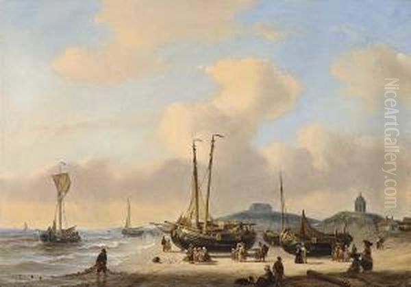 Fisherfolk On The Beach Near Seinpost Duin The Hague Oil Painting by George Willem Opdenhoff