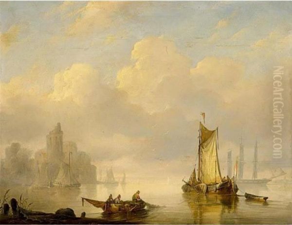 Sailingvessels Near The Coast Together With A Work By Willem Witjens Oil Painting by George Willem Opdenhoff