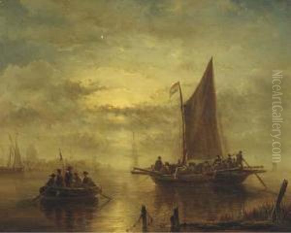 Moored Sailingvessels In Moonlight Oil Painting by George Willem Opdenhoff