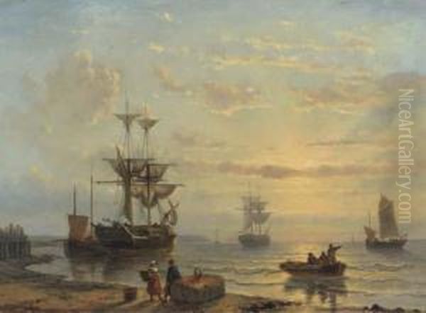 Shipping In A Quiet Bay At Sunset Oil Painting by George Willem Opdenhoff