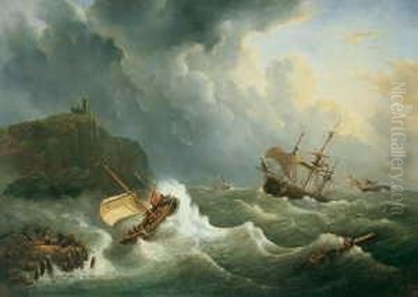 Seesturm An Felsiger Kuste. Oil Painting by George Willem Opdenhoff